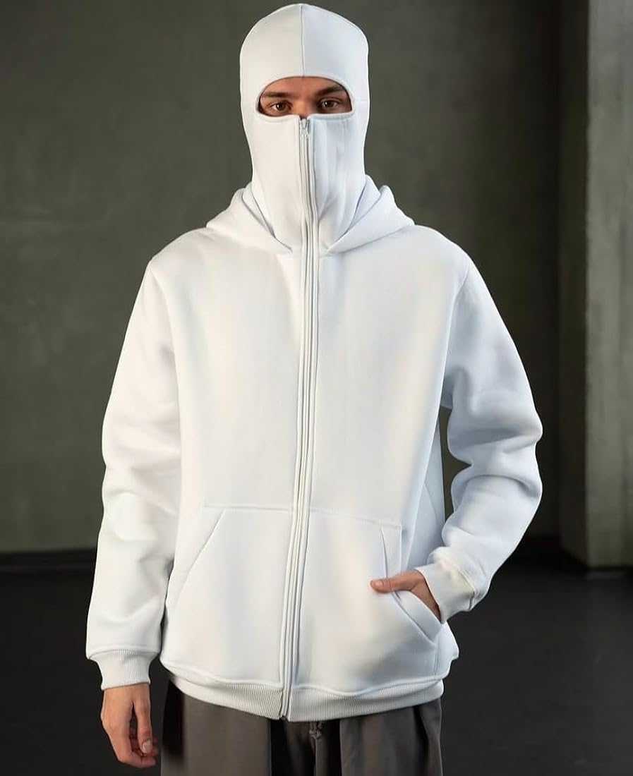 White Balaclava Hoodie – Oversized Full Zip Streetwear