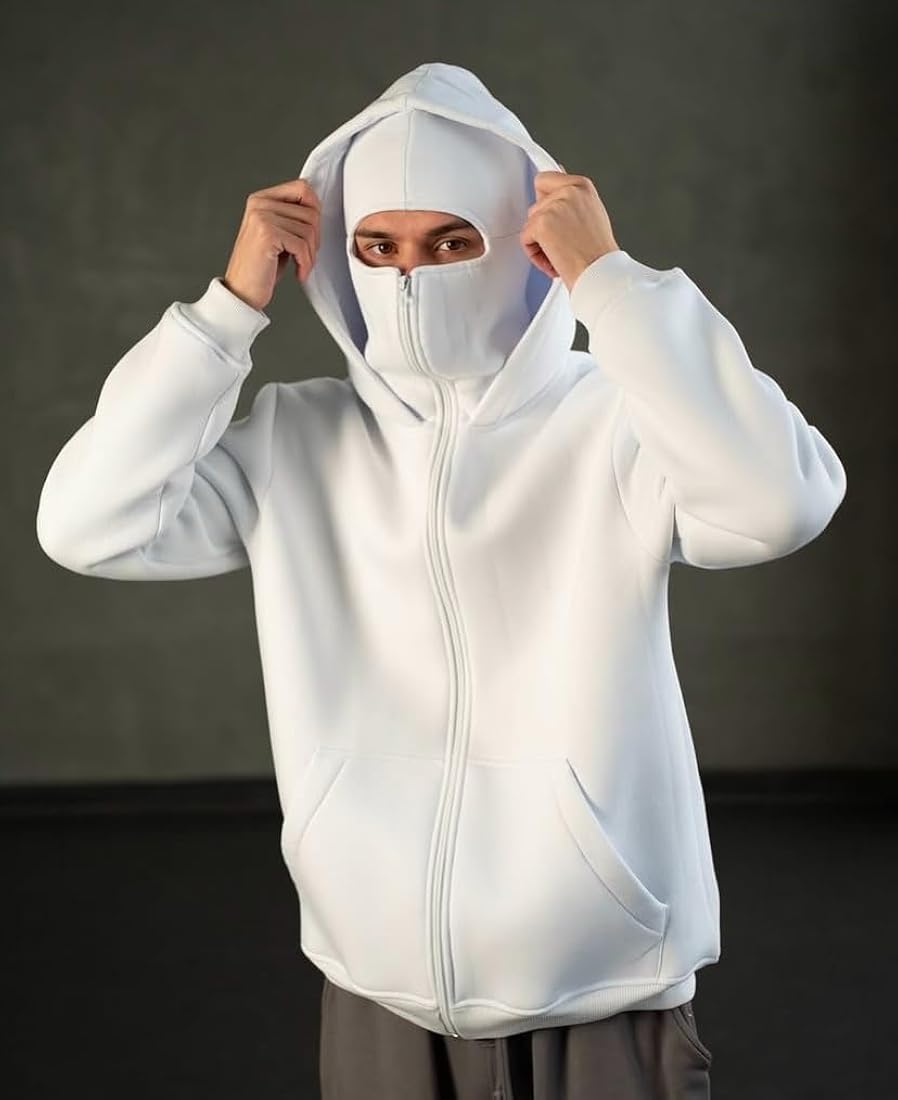 White Balaclava Hoodie – Oversized Full Zip Streetwear