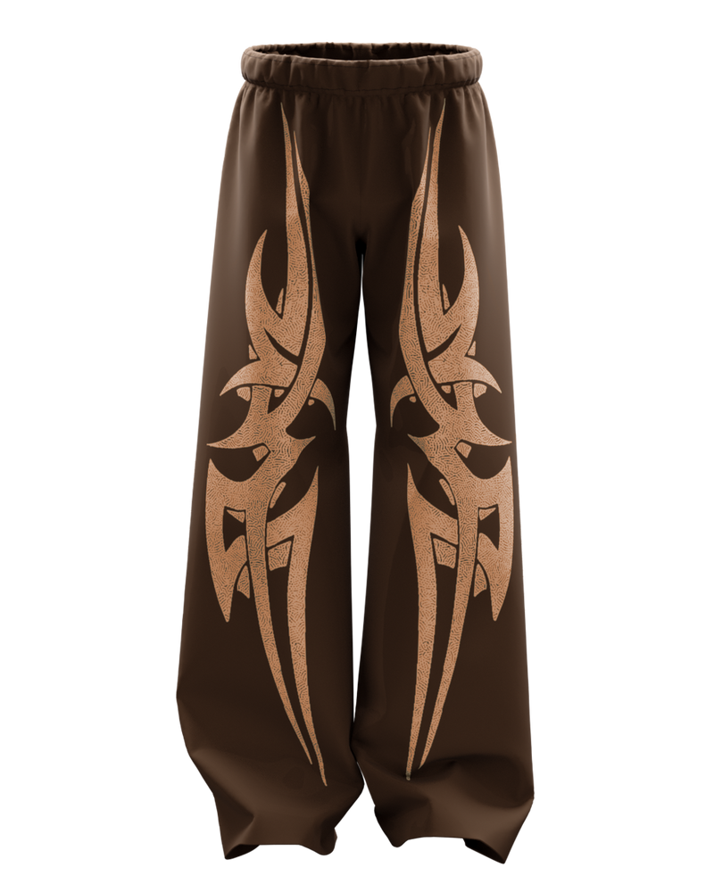 Brown Oversized Baggy Pants with Tribal Flame Print – Unisex Streetwear
