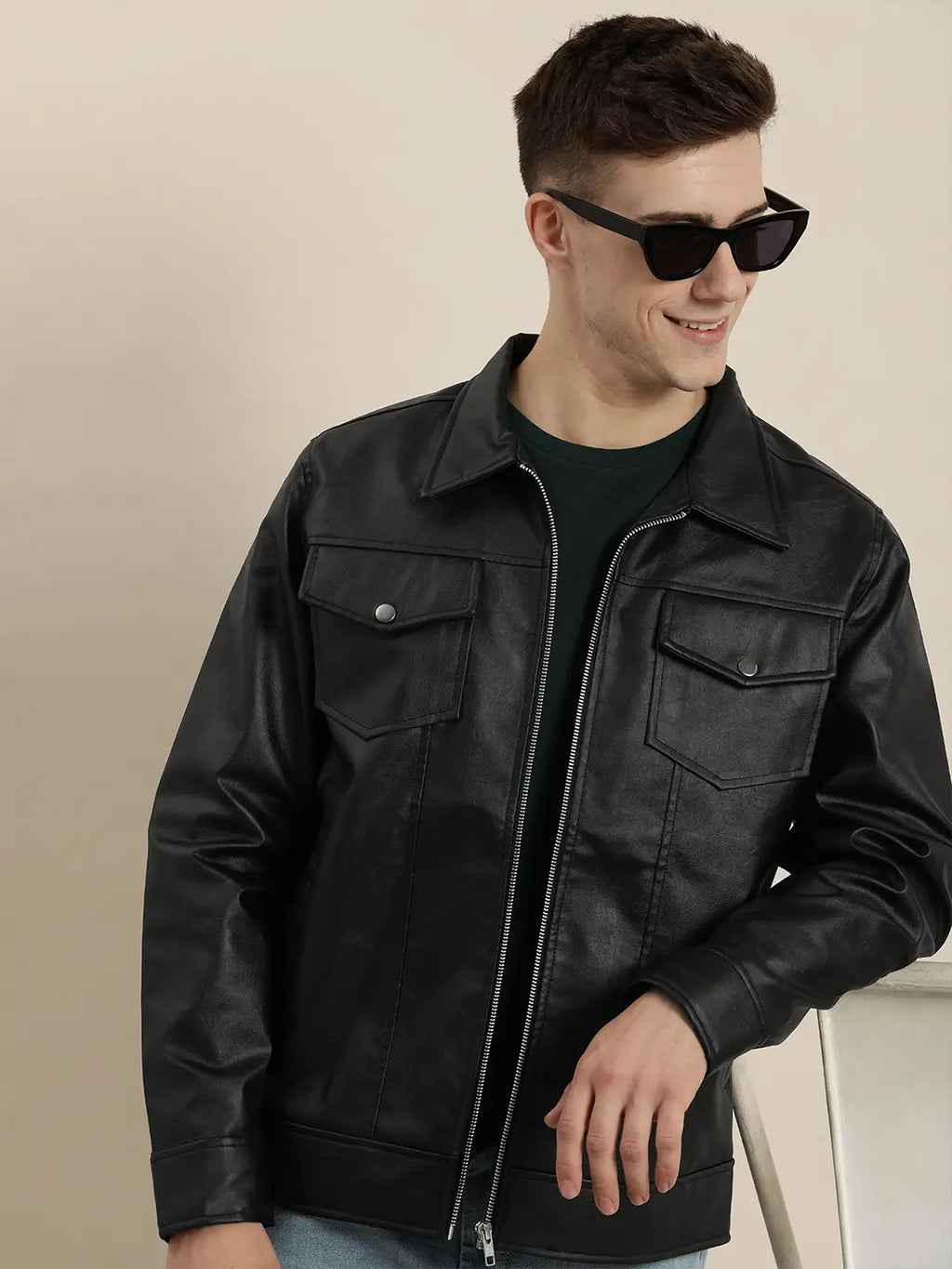 Men’s Premium Black Faux Leather Zip-Up Jacket