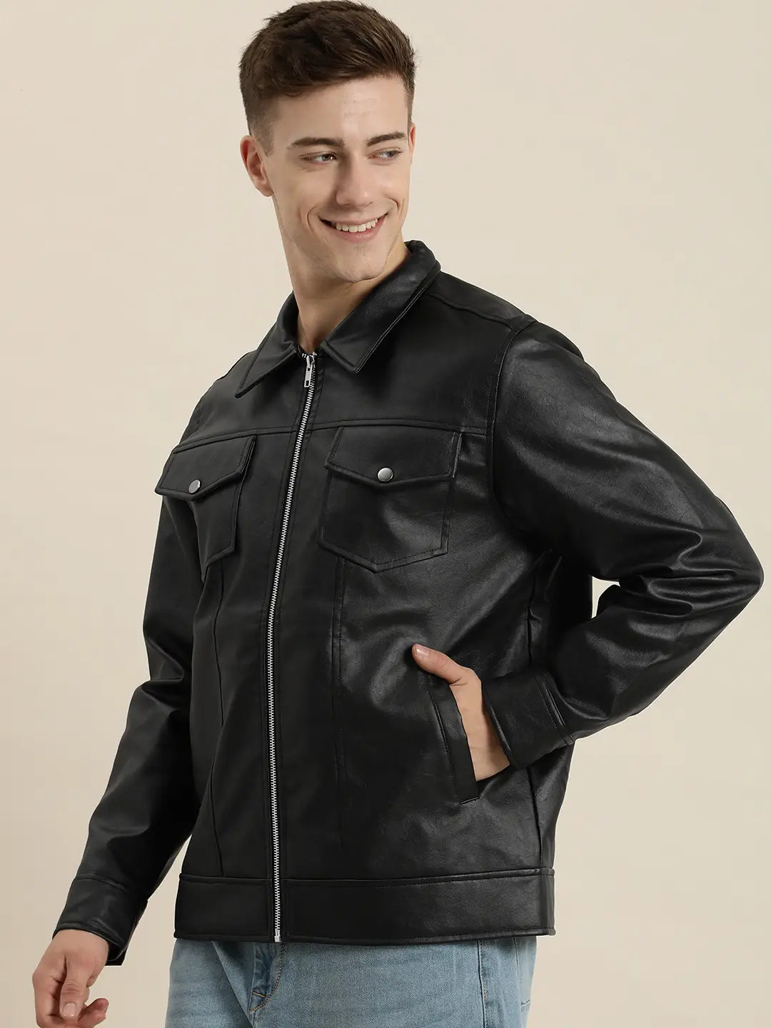 Men’s Premium Black Faux Leather Zip-Up Jacket