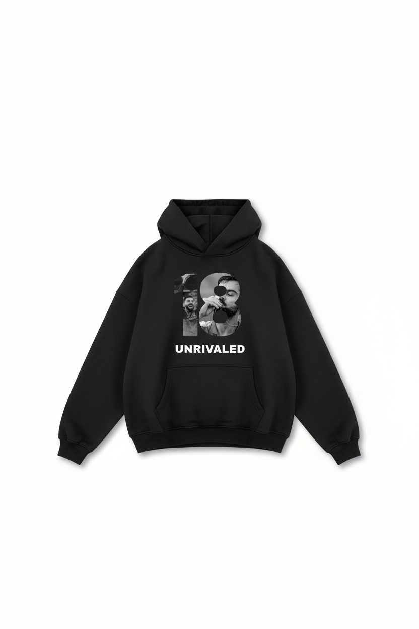 18 UNRIVALED - Premium Black Hoodie | Virat Kohli Tribute
