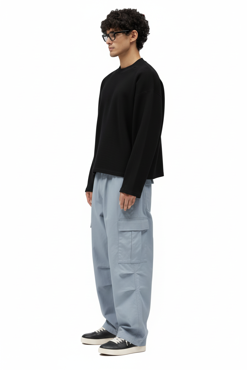 Black Crewneck Side Profile White BG