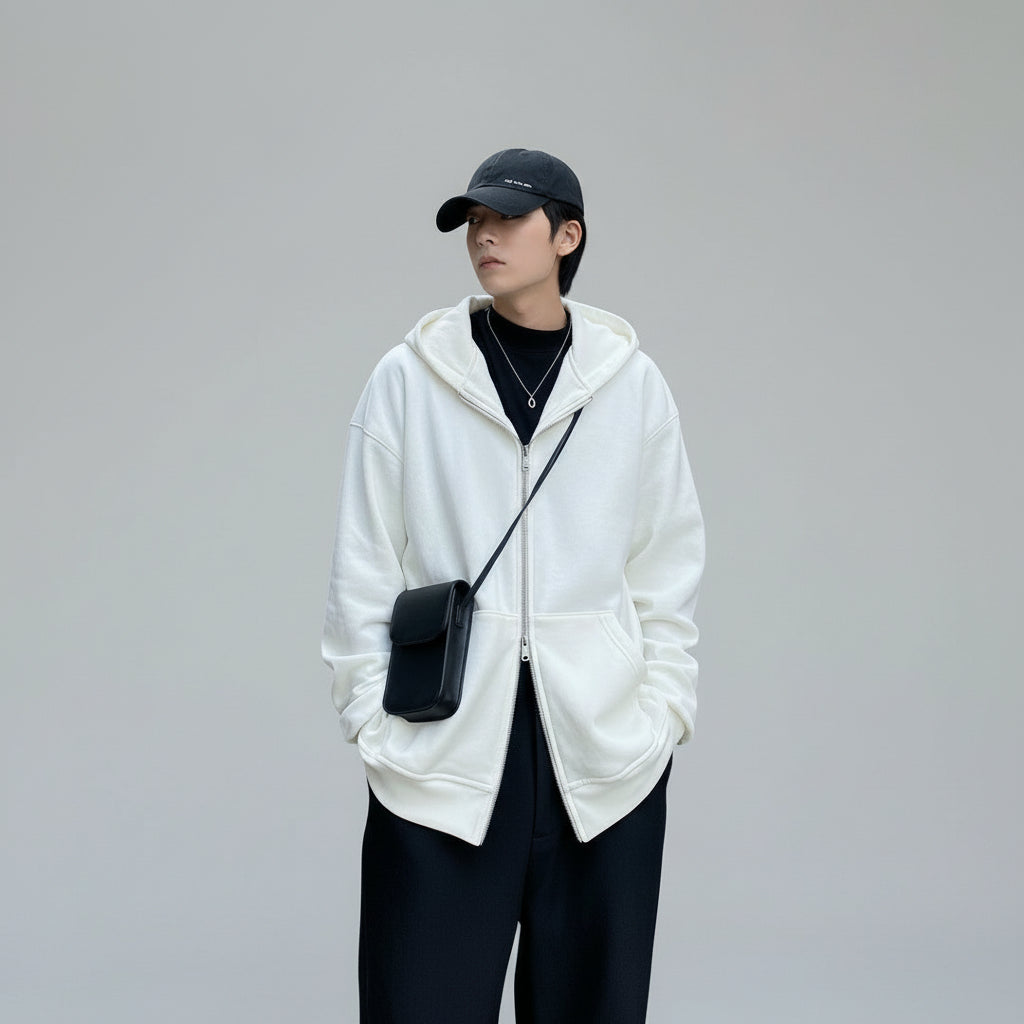 Men’s Premium Double Zipper White Hoodie
