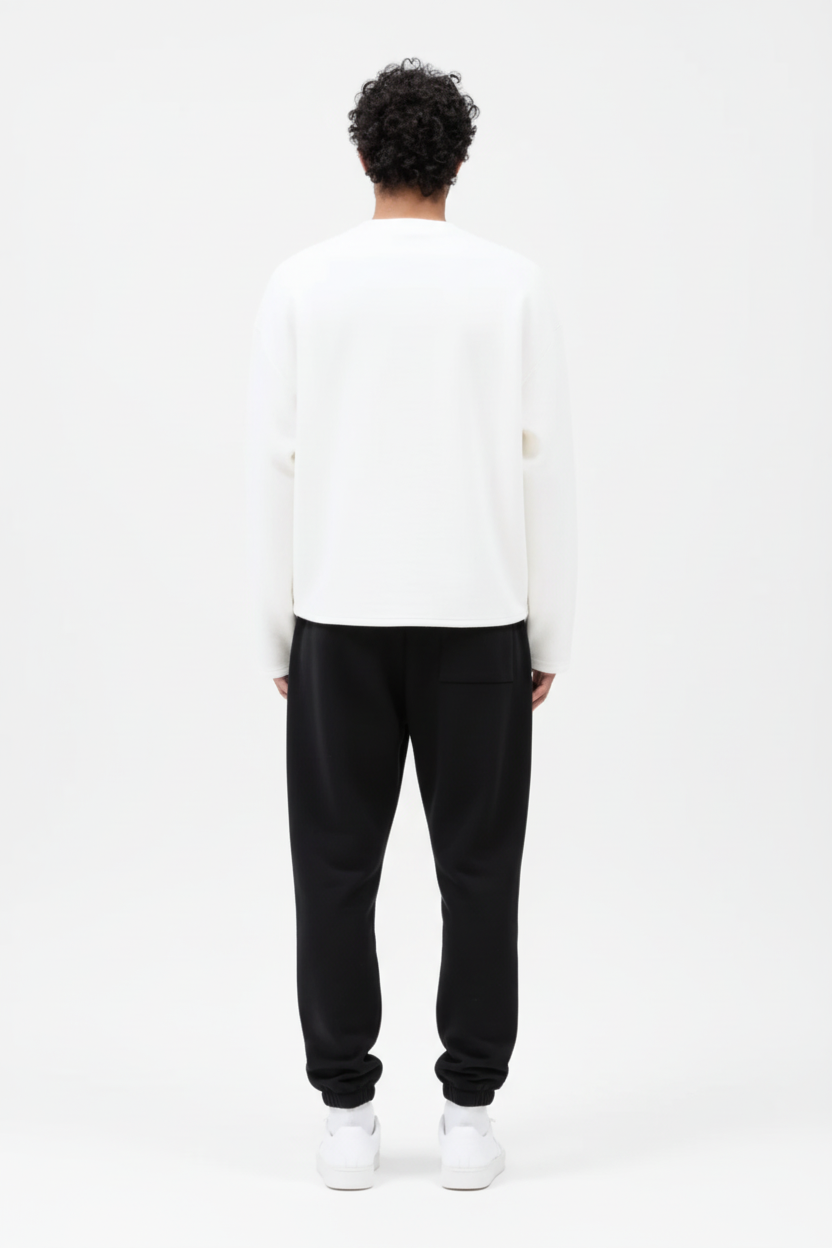White Crewneck Back Black Sweatpants