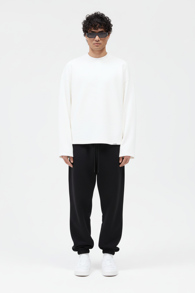 White Crewneck Front Black Sweatpants