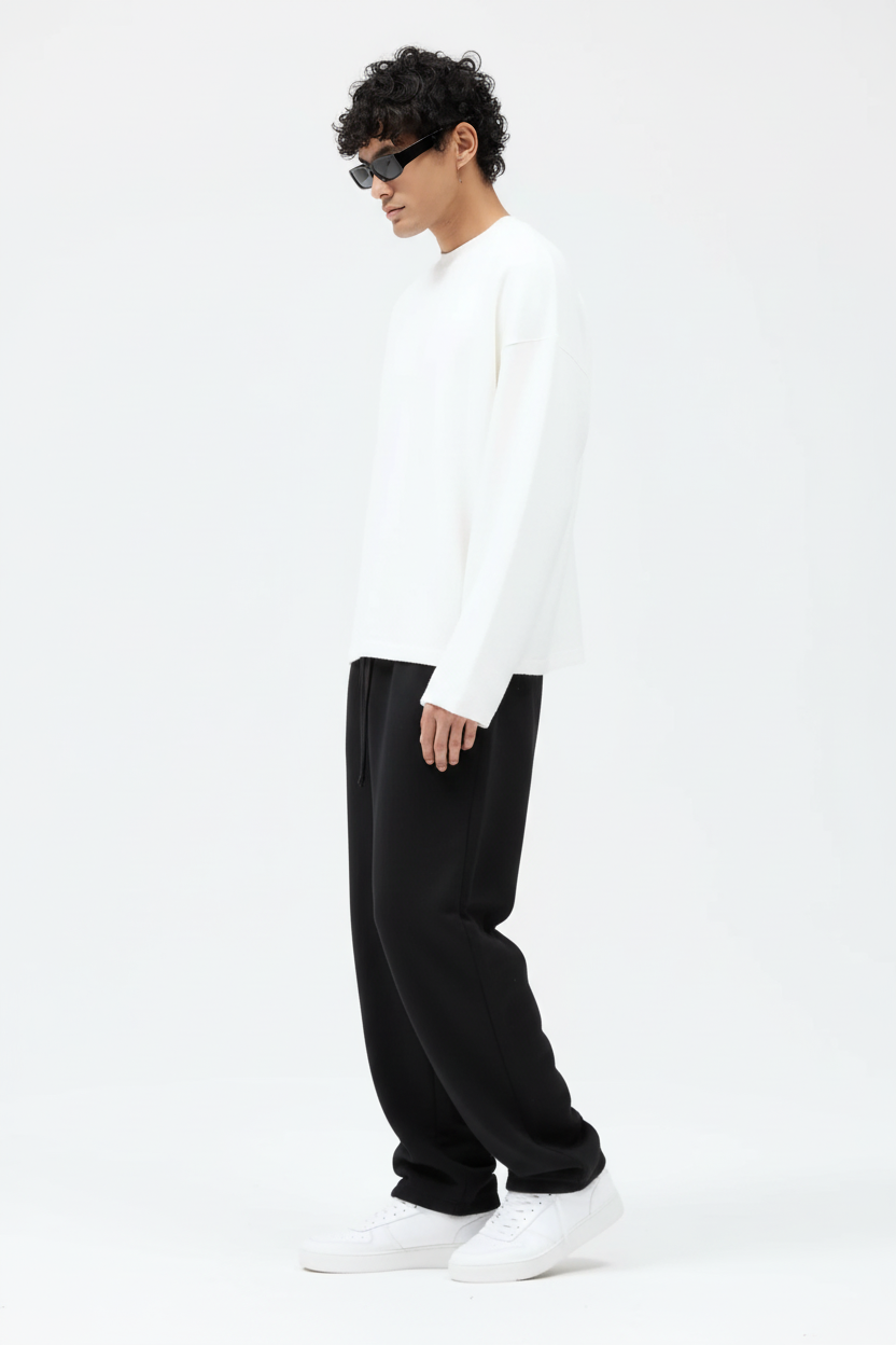 White Crewneck Side Angle Black Sweatpants